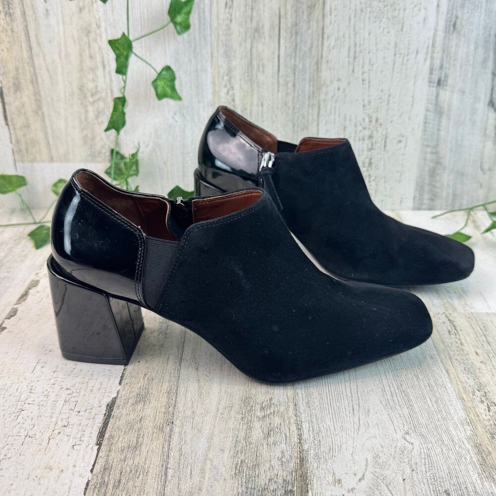 Vionic Womens 7 Linda Bootie Black Suede Patent Leather Heel Shoes Orthotic Zip
